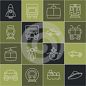 Set line Speedboat, Car, Trolleybus, Cable car, Delivery cargo truck, Tram and railway, Rocket ship and icon. Vector