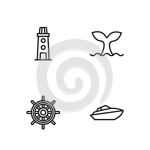 Set line Speedboat, Ship steering wheel, Lighthouse and Whale tail icon. Vector