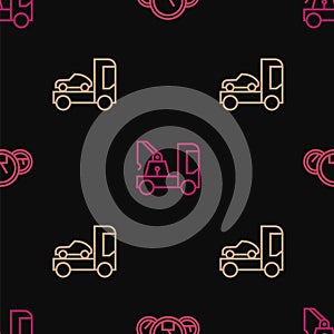 Set line Speedometer, Car transporter truck and Tow on seamless pattern. Vector