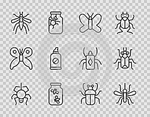 Set line Spider, Mosquito, Butterfly, Fireflies bugs in a jar, Spray against insects, Stink and Beetle icon. Vector