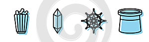 Set line Spider web, Popcorn in box, Magic stone and Magician hat icon. Vector