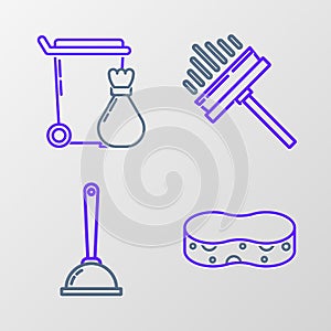 Set line Sponge, Toilet plunger, Squeegee, scraper, wiper and Trash can icon. Vector