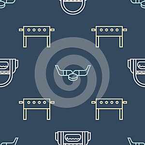 Set line Sport bag, Hockey table and Ice hockey sticks and puck on seamless pattern. Vector