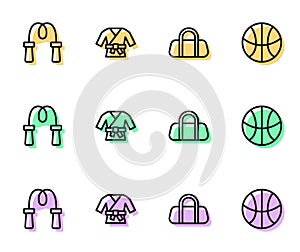 Set line Sport bag, Jump rope, Kimono and Basketball ball icon. Vector