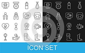 Set line Sport boxing shoes, Punch glove, Boxing helmet, Fitness shaker, expander, Jump rope, and icon. Vector
