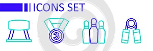Set line Sport expander, Bowling pin, Medal and Pommel horse icon. Vector