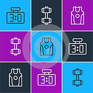 Set line Sport mechanical scoreboard, Boxing jersey and t-shirt and Dumbbell icon. Vector