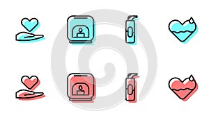 Set line Spray can for hairspray, Heart on hand, Aroma lamp and heal icon. Vector