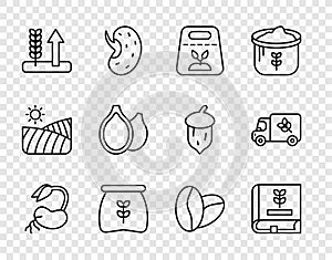 Set line Sprout, Book about seeds, Pack full of of plant, Bag flour, Wheat, Pumpkin, Coffee beans and Flour truck icon