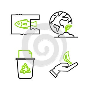 Set line Sprout in hand of environmental protection, Recycle bin with recycle symbol, Earth globe plant and Stop ocean