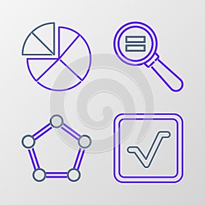 Set line Square root, Geometric figure Pentagonal prism, Calculation and Graph, schedule, chart, diagram icon. Vector
