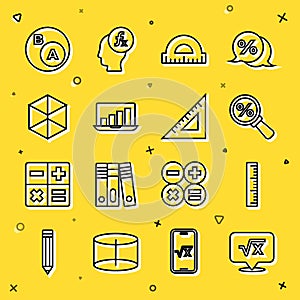 Set line Square root of x glyph, Ruler, Magnifying glass with percent, Protractor, Laptop graph chart, Geometric figure