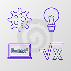 Set line Square root of x glyph, Equation solution, Light bulb with concept idea and Virus icon. Vector
