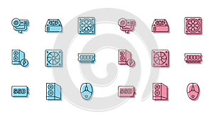 Set line SSD card, Case of computer, Web camera, Computer mouse, cooler, RAM, random access memory, and icon. Vector