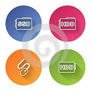 Set line SSD card, Hard disk drive HDD, Computer mouse and . Color circle button. Vector