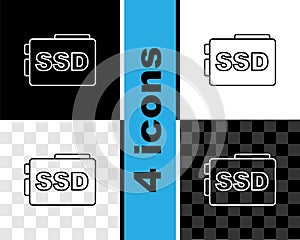 Set line SSD card icon isolated on black and white, transparent background. Solid state drive sign. Storage disk symbol