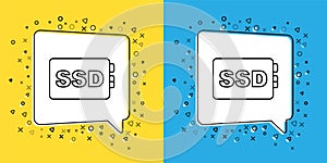 Set line SSD card icon isolated on yellow and blue background. Solid state drive sign. Storage disk symbol. Vector