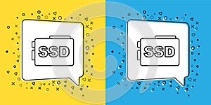 Set line SSD card icon isolated on yellow and blue background. Solid state drive sign. Storage disk symbol. Vector