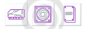 Set line SSD card, RAM, random access memory and Computer cooler icon. Vector