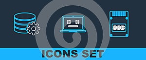 Set line SSD card, Setting database server and Dead laptop icon. Vector