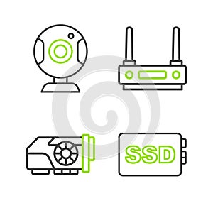 Set line SSD card, Video graphic, Router and wi-fi signal and Web camera icon. Vector