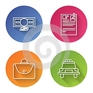 Set line Stacks paper money cash, Lawsuit paper, Briefcase and Police car and flasher. Color circle button. Vector