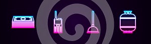 Set line Stacks paper money cash, Walkie talkie, Rubber plunger and Propane gas tank. Glowing neon icon. Vector