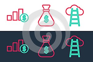 Set line Stair with finish flag, Pie chart and dollar and Money bag icon. Vector