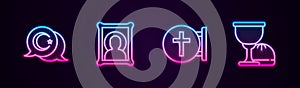 Set line Star and crescent, Christian icon, cross and Holy grail or chalice. Glowing neon icon. Vector