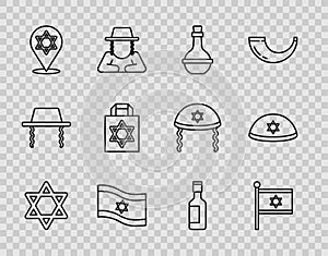 Set line Star of David, Flag Israel, Jewish wine bottle, Shopping bag with star david, and kippah icon. Vector