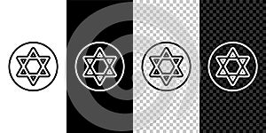 Set line Star of David icon isolated on black and white,transparent background. Jewish religion symbol. Symbol of Israel