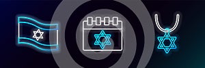 Set line Star of David necklace on chain, Flag Israel and Jewish calendar icon. Glowing neon. Vector