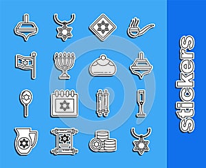 Set line Star of David necklace on chain, Jewish goblet, Hanukkah dreidel, menorah, Flag Israel, and sweet bakery icon