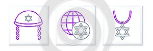 Set line Star of David necklace on chain, Jewish kippah and World Globe and Israel icon. Vector