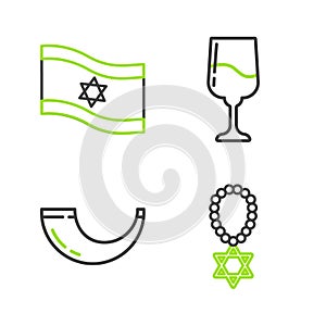 Set line Star of David necklace on chain, Traditional ram horn, shofar, Jewish goblet and Flag Israel icon. Vector