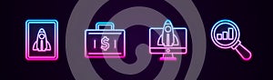 Set line Startup project concept, Briefcase and money, and Magnifying glass analysis. Glowing neon icon. Vector