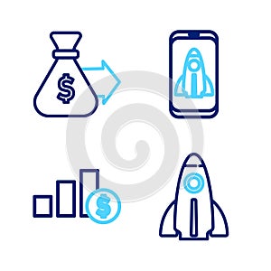 Set line Startup project concept, Pie chart and dollar, and Money bag icon. Vector