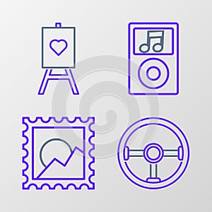 Set line Steering wheel, Picture landscape, Music player and Wood easel or painting art boards icon. Vector