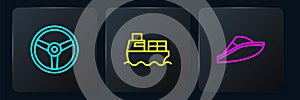 Set line Steering wheel, Speedboat and Cargo ship with boxes delivery. Black square button. Vector
