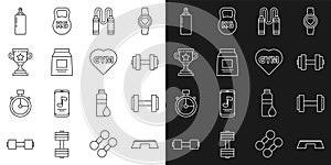 Set line Step platform, Dumbbell, Jump rope, Sports nutrition, Award cup, Punching bag and Fitness gym heart icon