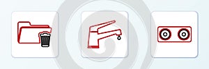Set line Stereo speaker, Delete folder and Water tap icon. Vector