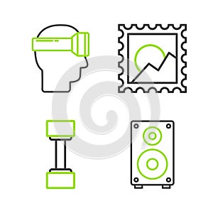 Set line Stereo speaker, Dumbbell, Picture landscape and Virtual reality glasses icon. Vector
