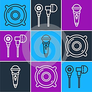 Set line Stereo speaker, Microphone and Air headphones icon. Vector