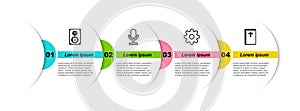 Set line Stereo speaker, Microphone, Cogwheel gear settings and Holy bible book. Business infographic template. Vector