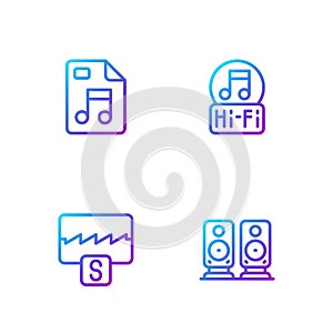Set line Stereo speaker, Music wave equalizer, MP3 file document and note, tone. Gradient color icons. Vector
