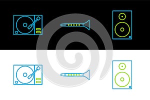 Set line Stereo speaker, Vinyl player with vinyl disk and Clarinet icon. Vector