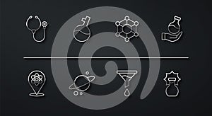 Set line Stethoscope, Atom, Test tube, Funnel or filter, Planet Saturn, Explosion in the flask and Molecule icon. Vector