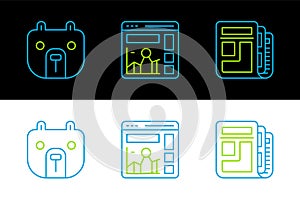 Set line Stock market news, Bear and Website with growth graph icon. Vector