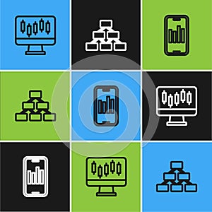 Set line Stocks market growth graphs, Mobile with and Hierarchy organogram icon. Vector