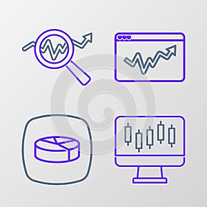 Set line Stocks market growth graphs, Pie chart infographic, Graph and Search data analysis icon. Vector